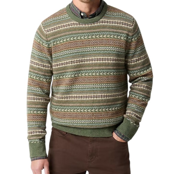 J. Crew Fair Isle Sweater‎ Mens Large Olive Rust Supersoft Lambswool-blend NEW